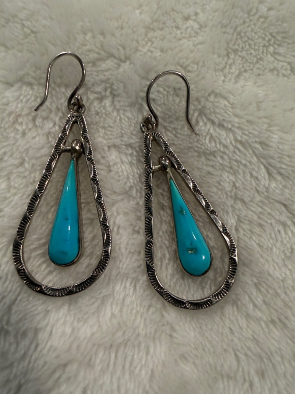 Ethel Peina -Turquoise Teardrop Silver-Frame Dangle Earrings